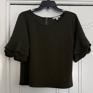 Green Envelope Dark Olive Ruffle Sleeve Top